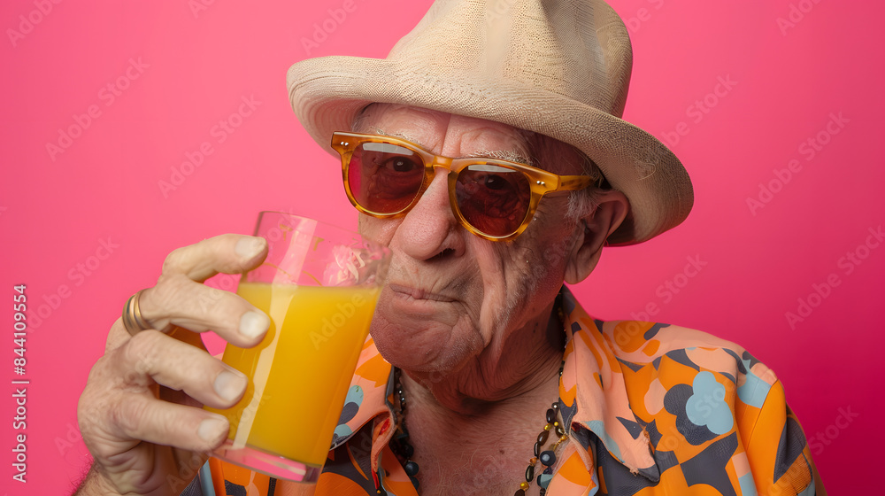 An old man with sunglasses and a hat drinking orange juice. against a pink background. colorful 