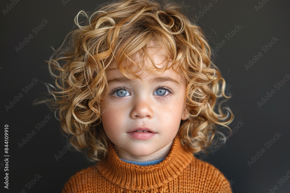 A captivating portrait of a young child with curly blonde hair, wearing a cozy orange sweater, showcasing innocence and wonder with a dark background A captivating portrait of a young child with curly blonde hair, wearing a cozy orange sweater, showcasing innocence and wonder with a dark background