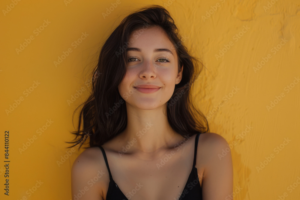 A close up portrait of a young woman with a subtle smile A close up portrait of a young woman with a subtle smile