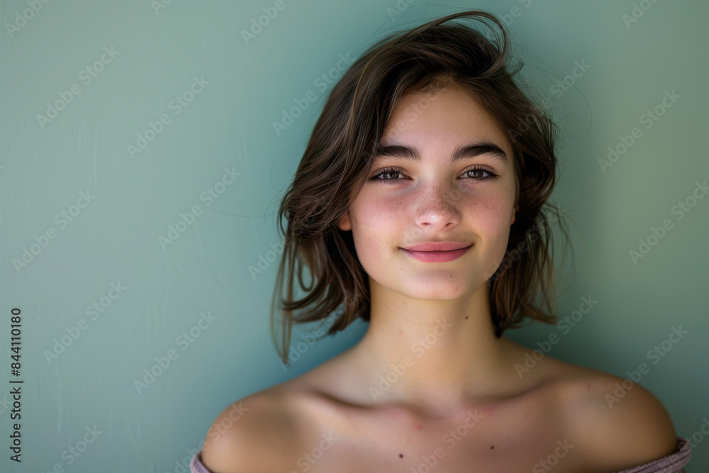A close up portrait of a young woman with a subtle smile A close up portrait of a young woman with a subtle smile