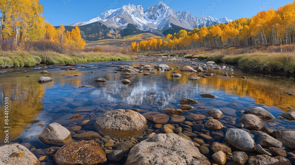 Fototapeta premium Majestic mountain range with autumn-colored trees reflected in a clear river, with rocks in the foreground under a bright blue sky