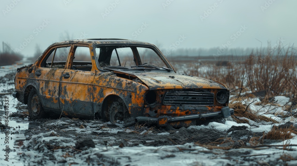 A dilapidated and abandoned yellow car rests in a desolate, snowy, and muddy landscape, showcasing the passage of time and nature's encroachment A dilapidated and abandoned yellow car rests in a desolate, snowy, and muddy landscape, showcasing the passage of time and nature's encroachment