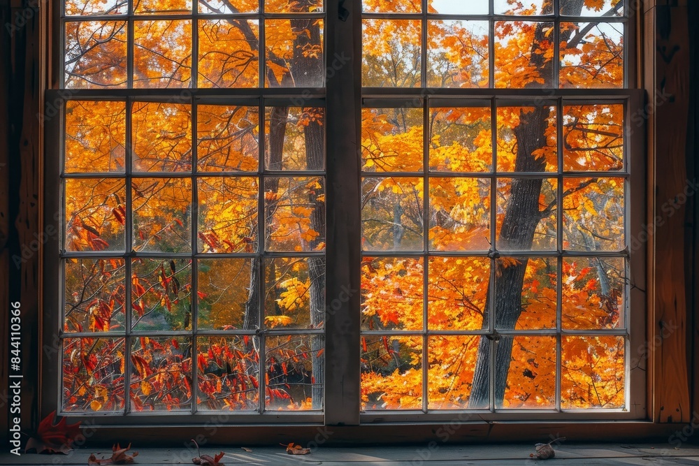 Captivating autumn office vistas scenic view through window in the colorful fall season Captivating autumn office vistas scenic view through window in the colorful fall season
