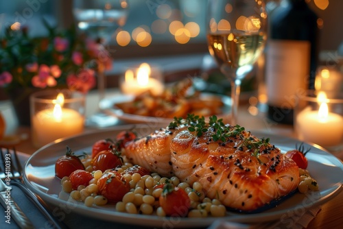 Wallpaper Mural A beautifully composed gourmet dinner featuring a seared salmon fillet garnished with herbs, served with couscous and cherry tomatoes, illuminated by soft candlelight in a cozy setting Torontodigital.ca