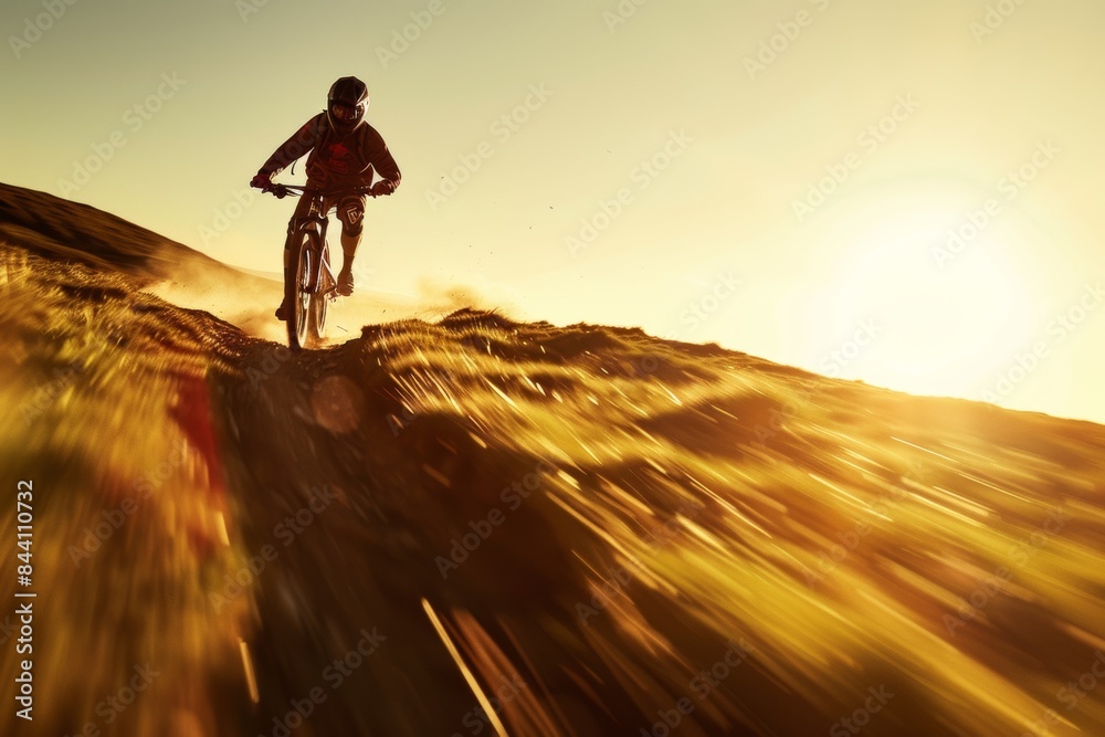 Mountain Biker Speeding Downhill at Sunset Mountain Biker Speeding Downhill at Sunset