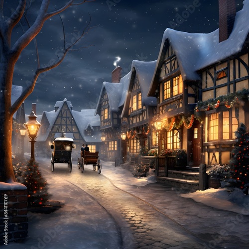Illustration of a snowy winter street in a small village at night