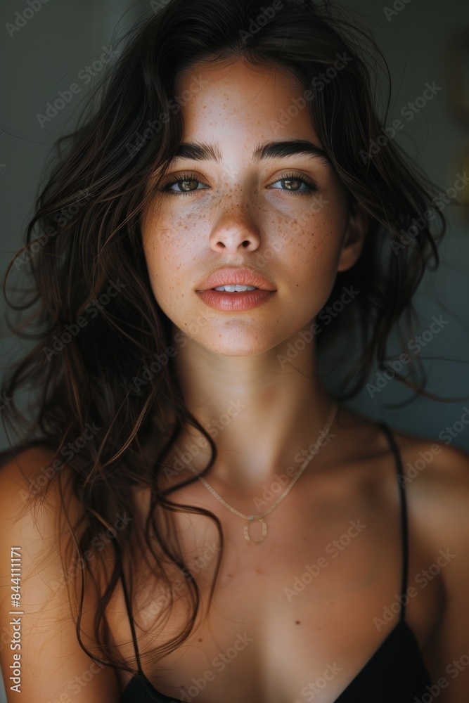 Captivating portrait of a freckled young woman with long, dark hair and green eyes, wearing a thin-strapped top and delicate necklace Captivating portrait of a freckled young woman with long, dark hair and green eyes, wearing a thin-strapped top and delicate necklace