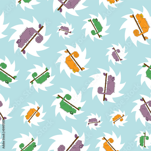 seamless repeat pattern with  colorful chameleon, on white and blue background perfect for fabric, scrap booking, wallpaper, gift wrap projects