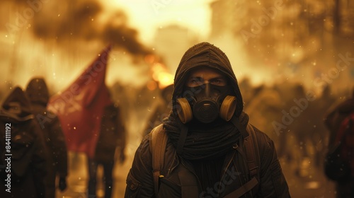 A protester wearing a gas mask and hood stands solemnly in the foreground amidst a group of demonstrators with a flag and smoke in the background during a tense protest scene