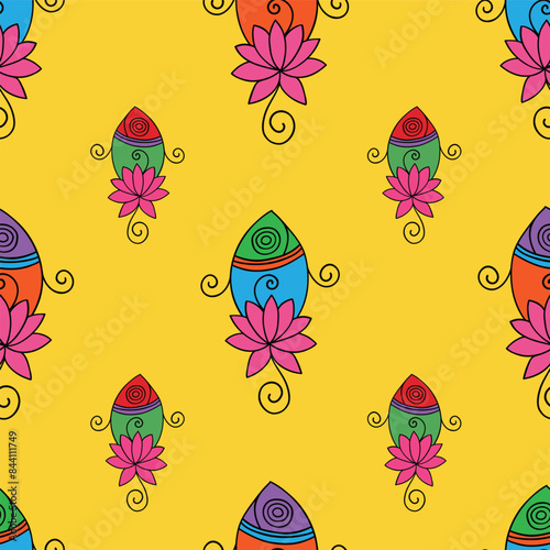 seamless repeat pattern with cute colorful fish and pink lotus on a yellow background perfect for fabric, scrap booking, wallpaper, gift wrap projects