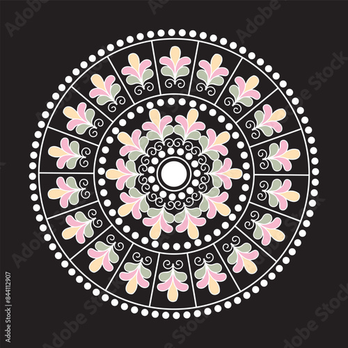 seamless repeat pattern with simple and colorful Mandala art on a black background perfect for fabric, scrap booking, wallpaper, gift wrap projects