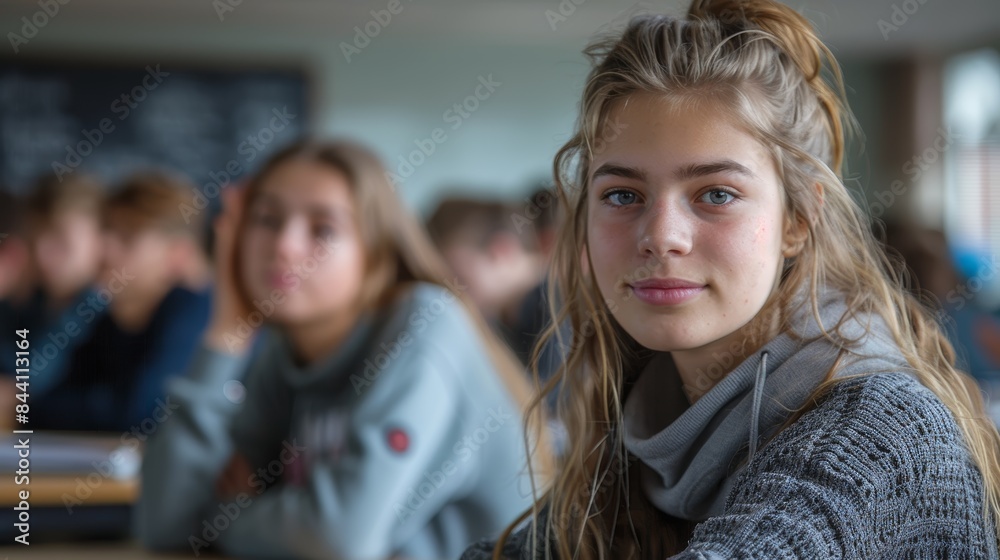 An engaging scene of students in a classroom setting, focusing on a young woman with a contemplative look and her peers in the background, highlighting the educational environment An engaging scene of students in a classroom setting, focusing on a young woman with a contemplative look and her peers in the background, highlighting the educational environment