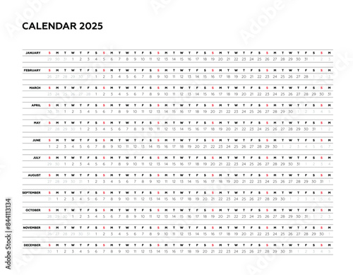 Simple linear annual english calendar planner for 2025 with horizontal, landscape orientation. Week starts on Sunday. Schedule template with months. Vector illustration. Printable agenda organizer
