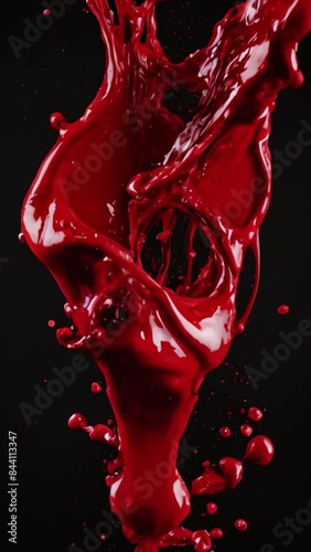 Red liquid splash, thick red water paint color falling on the ground on black isolated background, red blood color splashes on the ground Generative AI