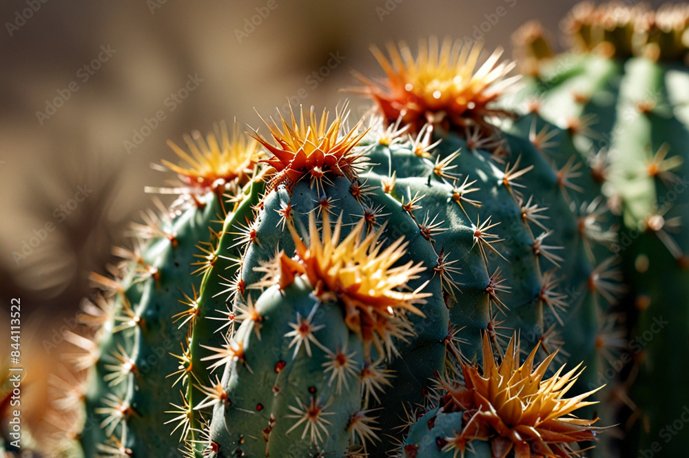 Macro Photography of a Cactus Tip with Flower Bud, Summer Concept