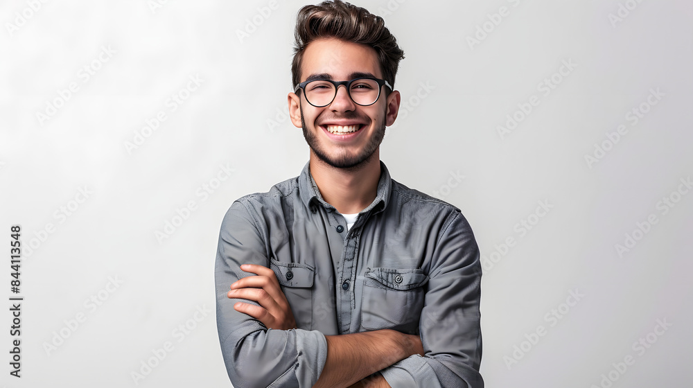 Portrait of young handsome smiling business guy wearing gray shirt and glasses, feeling confident with crossed arms, isolated on white background Portrait of young handsome smiling business guy wearing gray shirt and glasses, feeling confident with crossed arms, isolated on white background