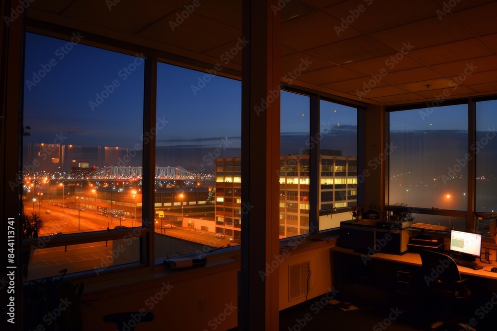 Urban cityscape seen from office windows with nighttime views for a captivating scene