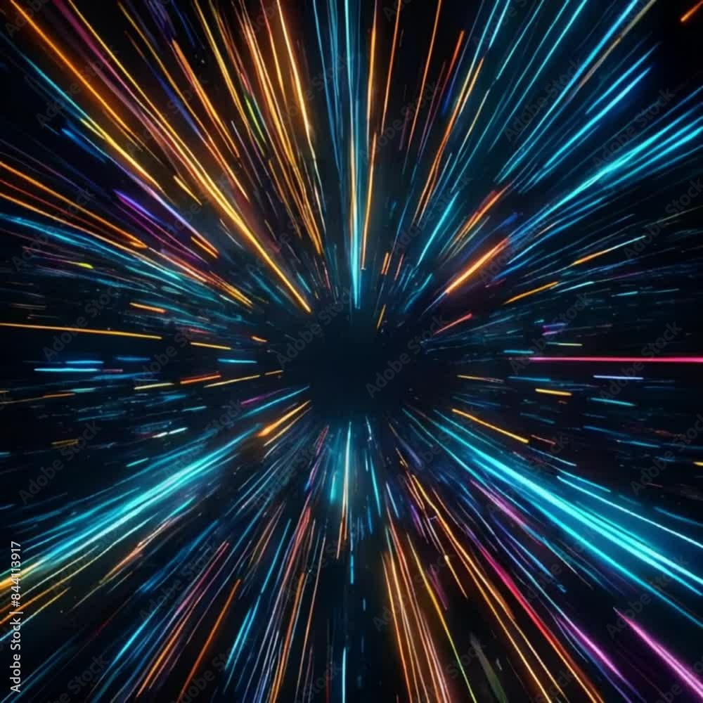 Abstract light burst, light beams throwing in a direction, colorful neon lights blue orange purple yellow golden interstellar travel speed of light superfast on dark space background Generative AI Abstract light burst, light beams throwing in a direction, colorful neon lights blue orange purple yellow golden interstellar travel speed of light superfast on dark space background Generative AI