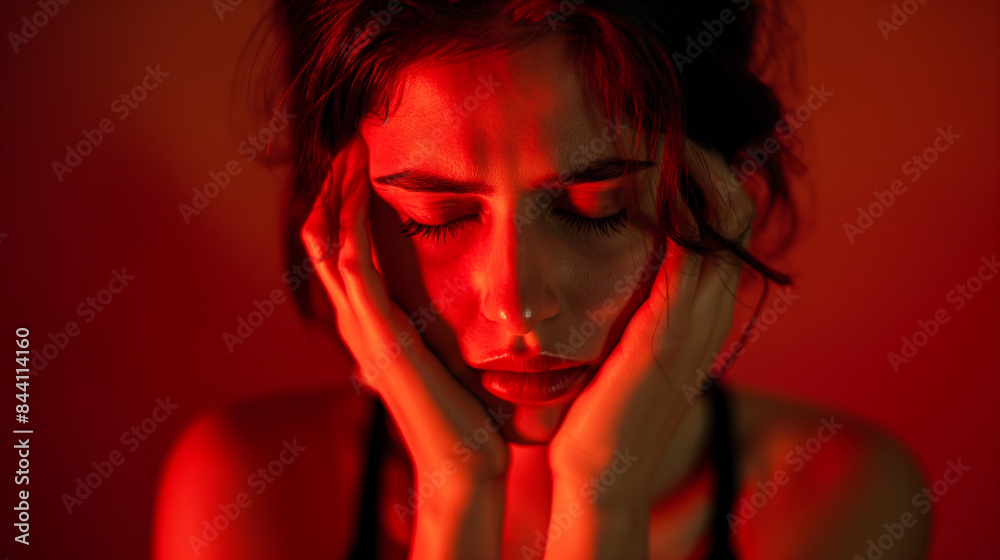 Woman in Distress with Hands on Face Under Red Lighting

