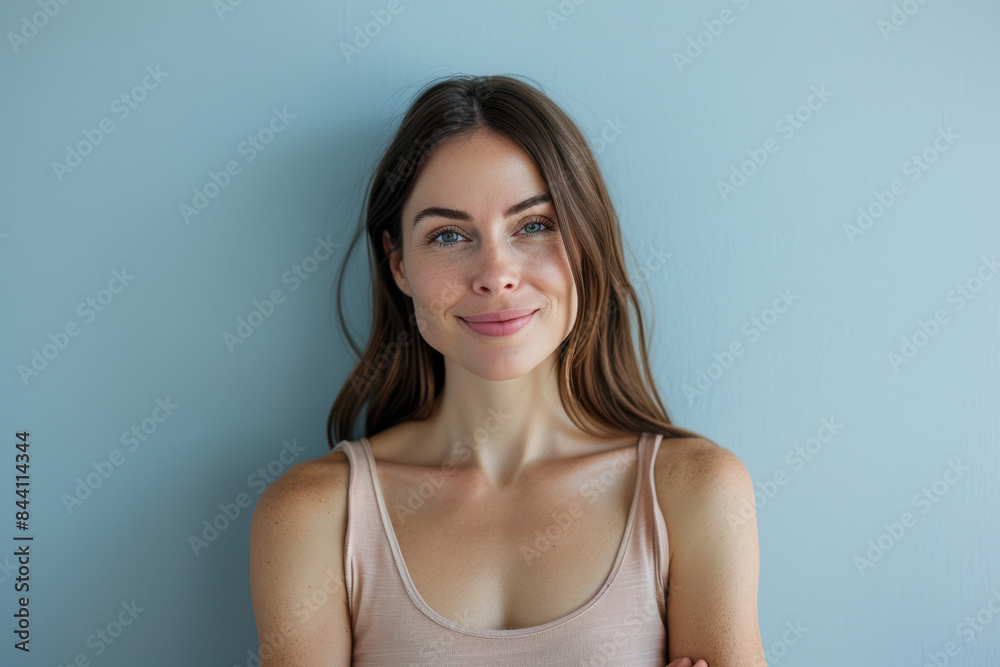 A close up portrait of a young woman with a subtle smile A close up portrait of a young woman with a subtle smile