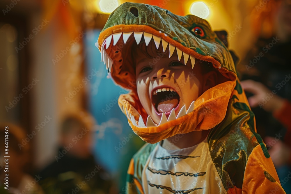 Fototapeta premium Child in dinosaur costume roaring at Halloween party