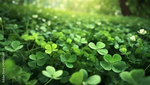 Green leaves with dew drops, green clover leaves background with sun rays, plants in the woods Generative AI
