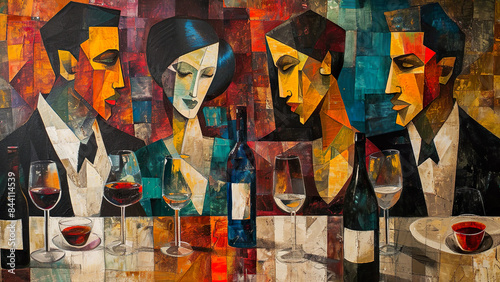 Fine Dining - Couple Painting, Cubism Party Painting, Cubist art style, People Eating, Restaurant, Wine