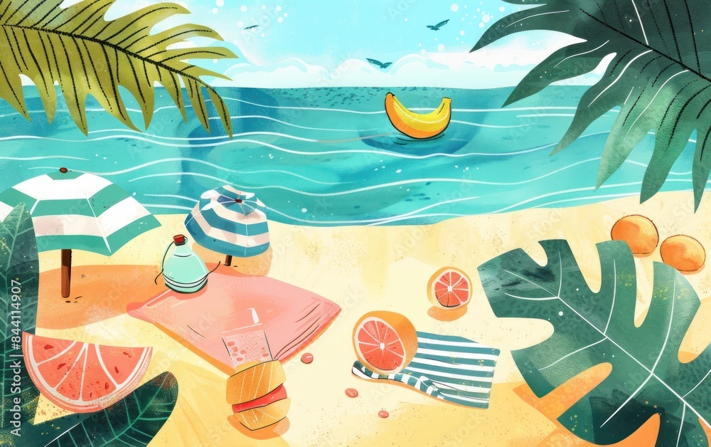 Beach scene with umbrellas, towels, fruit, and a banana float in the ocean. Colorful digital illustration. Summer vacation and tropical leisure concept. Beach scene with umbrellas, towels, fruit, and a banana float in the ocean. Colorful digital illustration. Summer vacation and tropical leisure concept.