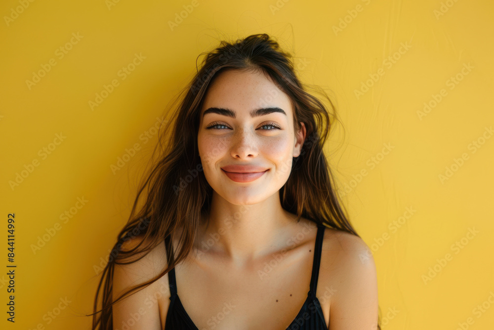 A close up portrait of a young woman with a subtle smile A close up portrait of a young woman with a subtle smile