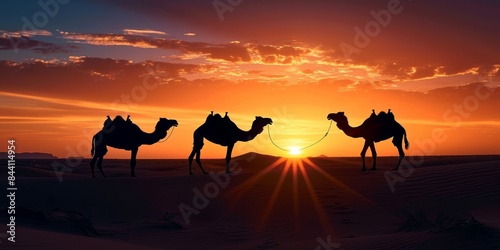 Animal photography - Black silhouette of camels in the desert landscape during sunset or sunrise  Generative AI