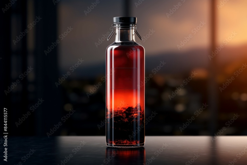 Tranquil scene with the glow of sunset captured within a clear glass bottle on a smooth surface Tranquil scene with the glow of sunset captured within a clear glass bottle on a smooth surface