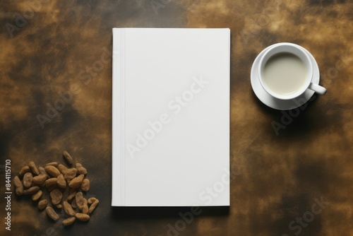 Top view of a white  empty notebook beside a cup of coffee with milk and peanuts on a textured background