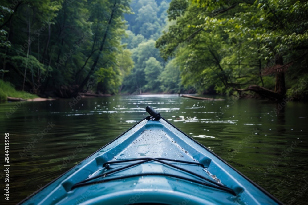 Fototapeta premium Kayak on Tranquil River Surrounded by Lush Greenery