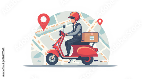 Vector illustration of delivery person on red scooter with map icon background
