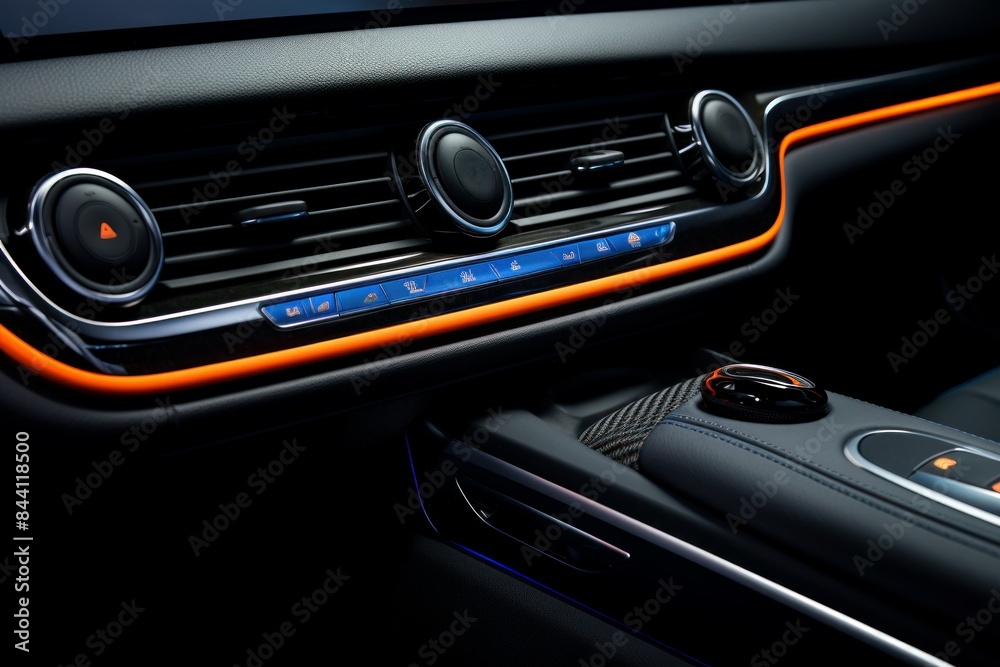 Close-up of a vehicle's dashboard featuring sleek controls and orange ambient lighting