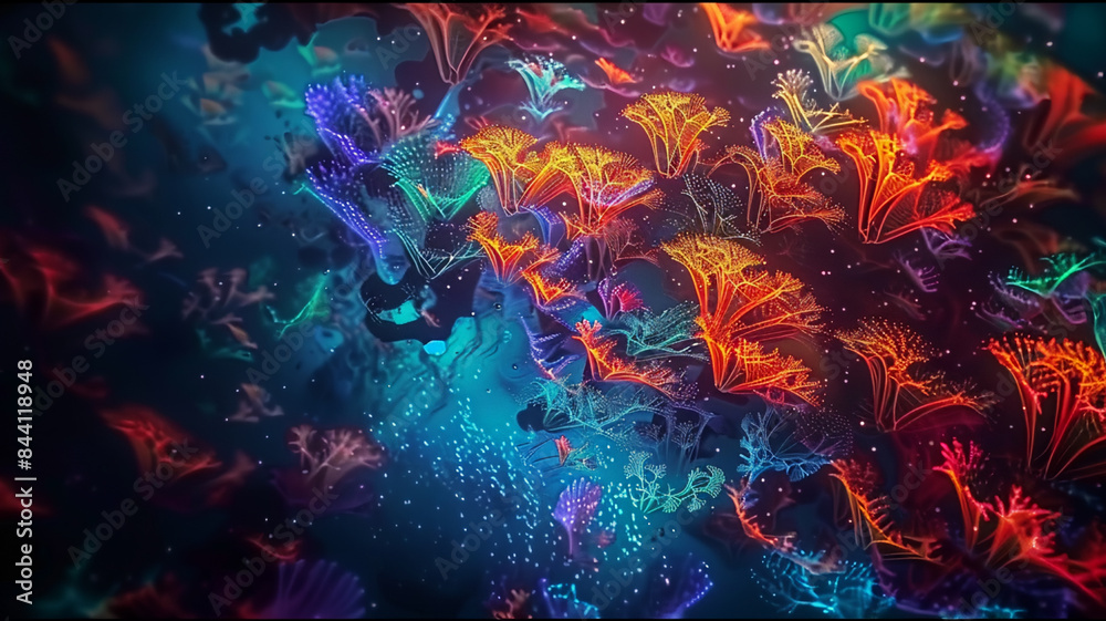 Glowing reef fish swim in underwater fractal, AI Generative. Glowing reef fish swim in underwater fractal, AI Generative.