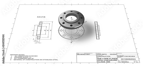 A technical drawing of a welded pipe flange with a 3d view