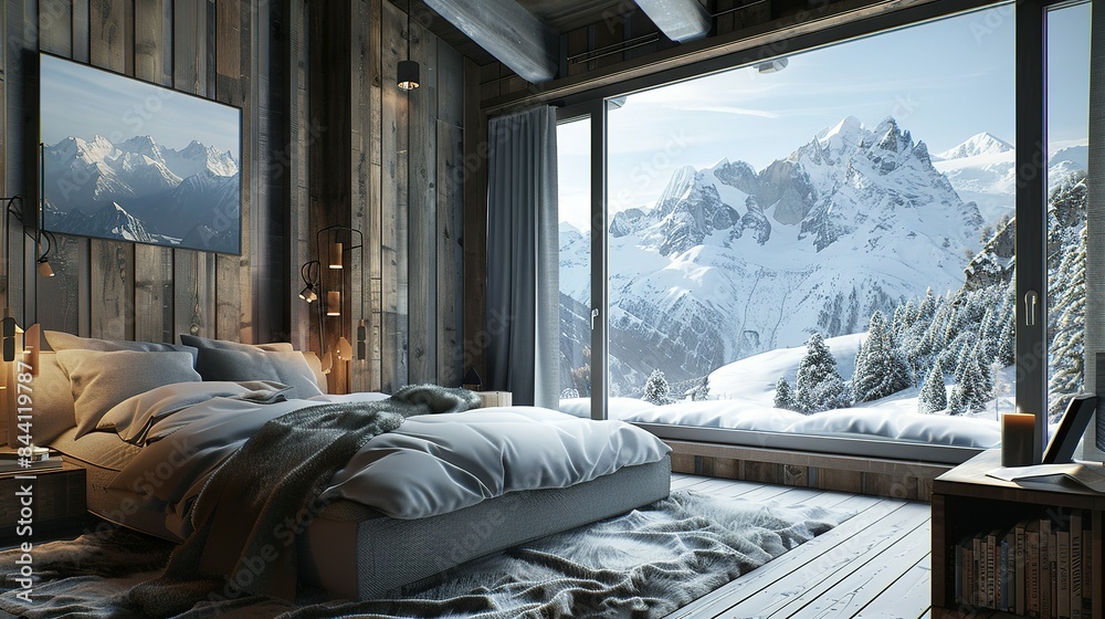 Experience the Allure of a Chalet Bedroom, Where Rustic Simplicity Meets Modern Design, All While Gazing upon Enchanting Snow Mountain Views; Experience the Allure of a Chalet Bedroom, Where Rustic Simplicity Meets Modern Design, All While Gazing upon Enchanting Snow Mountain Views;