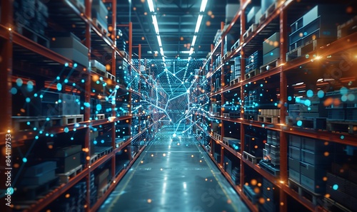 Hologram of supply network in a bustling warehouse