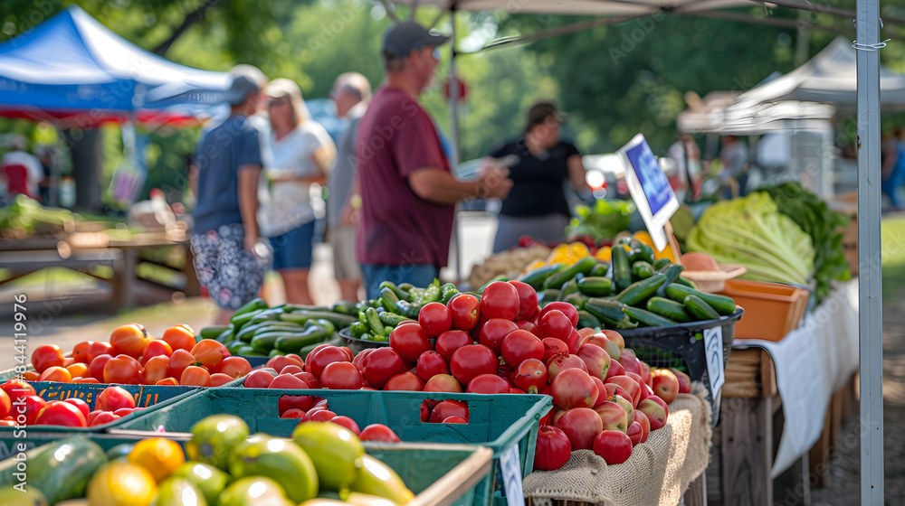 Fresh produce and handmade goods sold by vendors in patriotic-themed market setting, bustling with activity. Fresh produce and handmade goods sold by vendors in patriotic-themed market setting, bustling with activity.