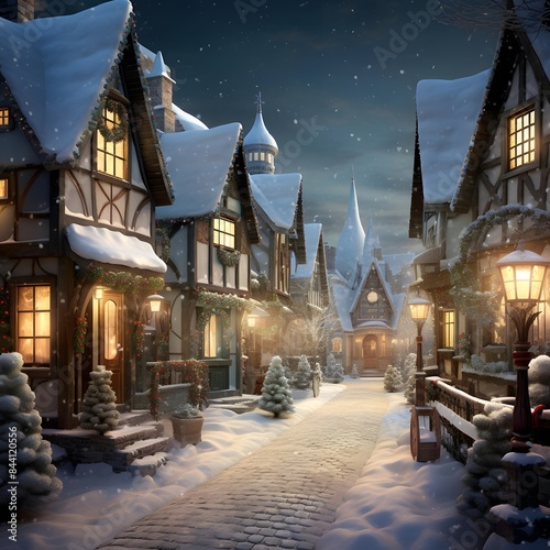Winter village at night. Winter wonderland. Christmas background. Snowfall