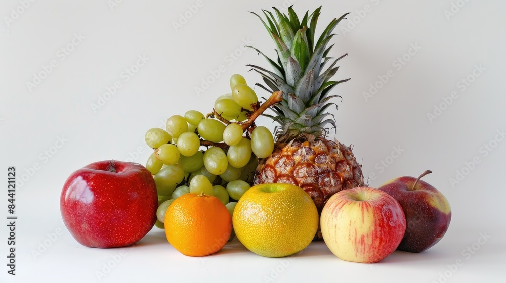 Assorted fruits against a plain white backdrop Assorted fruits against a plain white backdrop