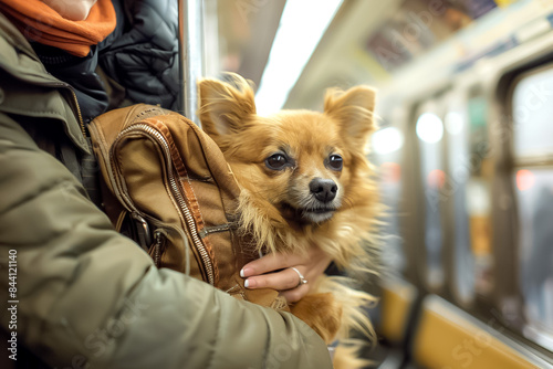 Pet on the Train A person carrying a pet dog or cat