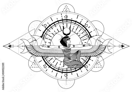 Sacred geometry with egypt symbol. Wings and all seeing eye. Alchemy, religion, spirituality, occultism. Isolated vector illustration. Conspiracy theory. Drawing tattoo art. Coloring book.