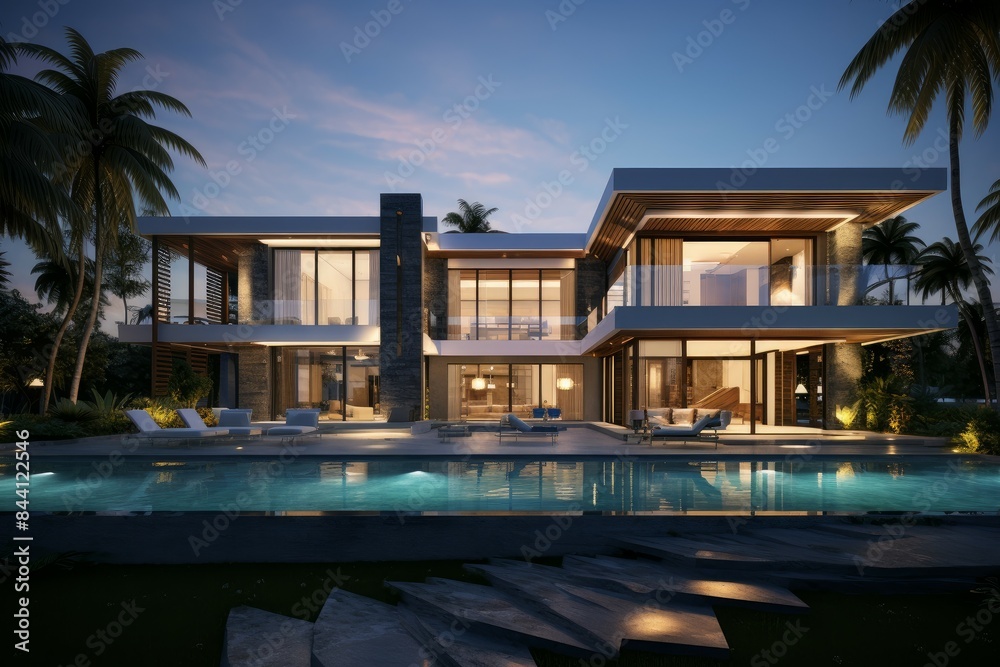 Fototapeta premium Exquisite modern villa with a lit swimming pool during evening hours, showcasing architectural elegance