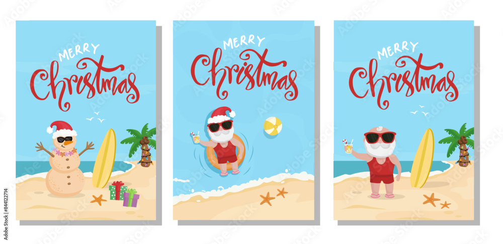 Fototapeta premium Set of Christmas at the beach, holidays cards. Merry Christmas vector illustrations with Santa.