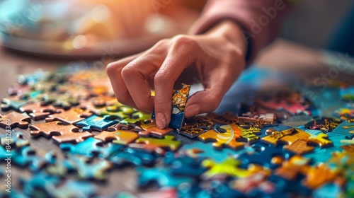 Hand placing piece in colorful jigsaw puzzle