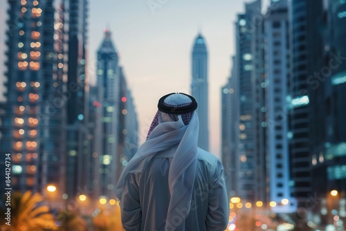 back view of an arab entrepreneur or businessman standing against the background of tall skyscrapers or tall buildings at evening time
