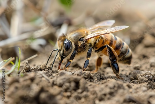 bee working on ground closeup nature photography insect pollinator in action © Lucija