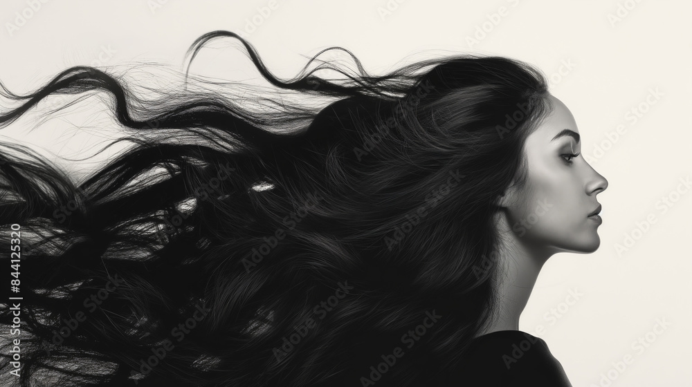 Side Profile of Woman with Thick, Flowing Dark Hair, Positioned on Right Side, Waist-Up. Hair Flows Gracefully Across White Background with Subtle Nature Elements, Showcasing Strength and Elegance.